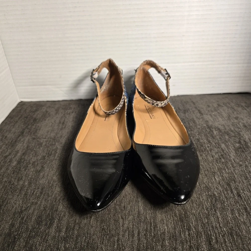 Marco Santi Womens Black Patent Blue Snakeskin Pointed Toe Ankle Strap Flats 6.5